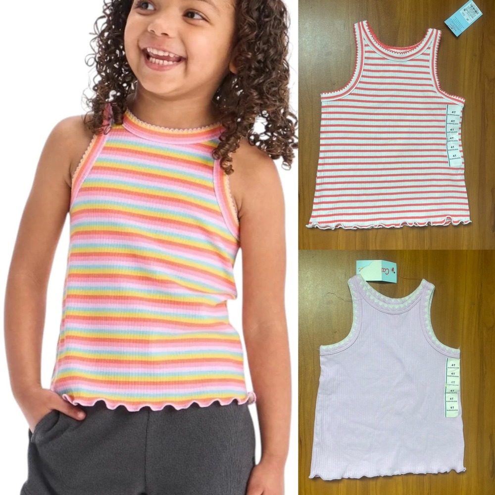 Lot of 3 Cat & Jack Girls 4T Summer Tank Top Ribbed Multicolor Stripe Purple